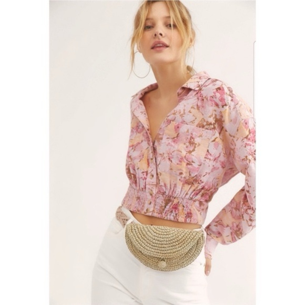 Free People We The Free Pink Floral Linen Cropped Shacket Size XL